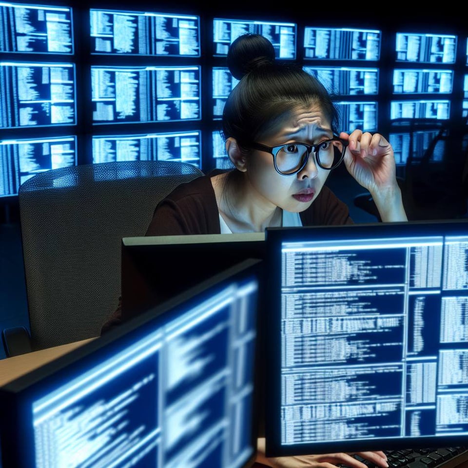 A woman surrounded by monitors