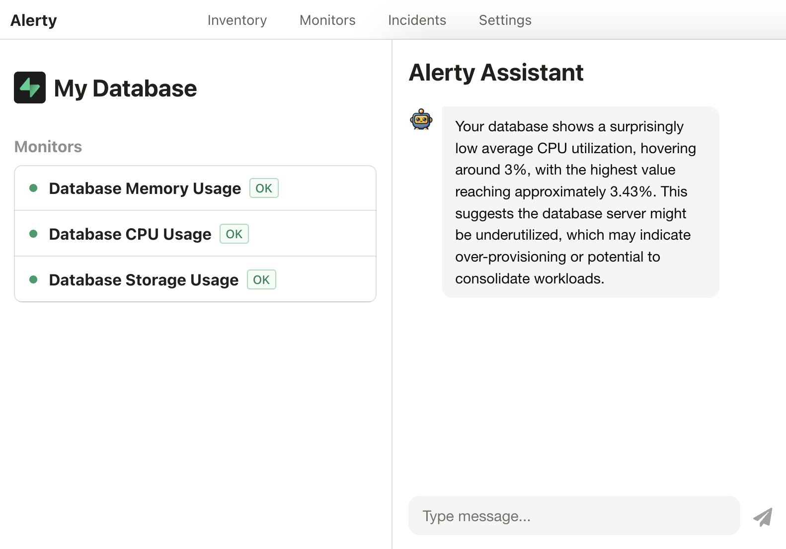 Alerty product screenshot with database monitors